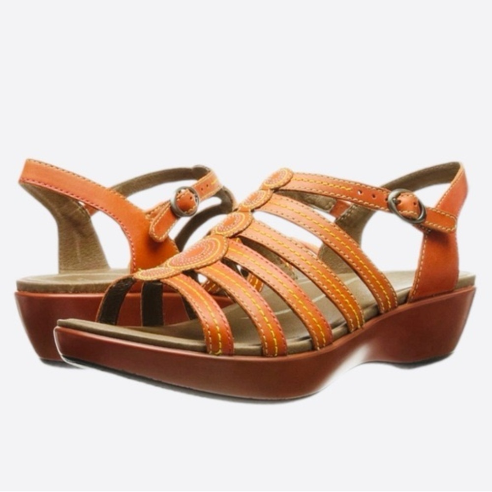 Dansko LEATHER Sandals Women Strappy Drea Tangerine Slingback Wedge EU 40 US 9.5